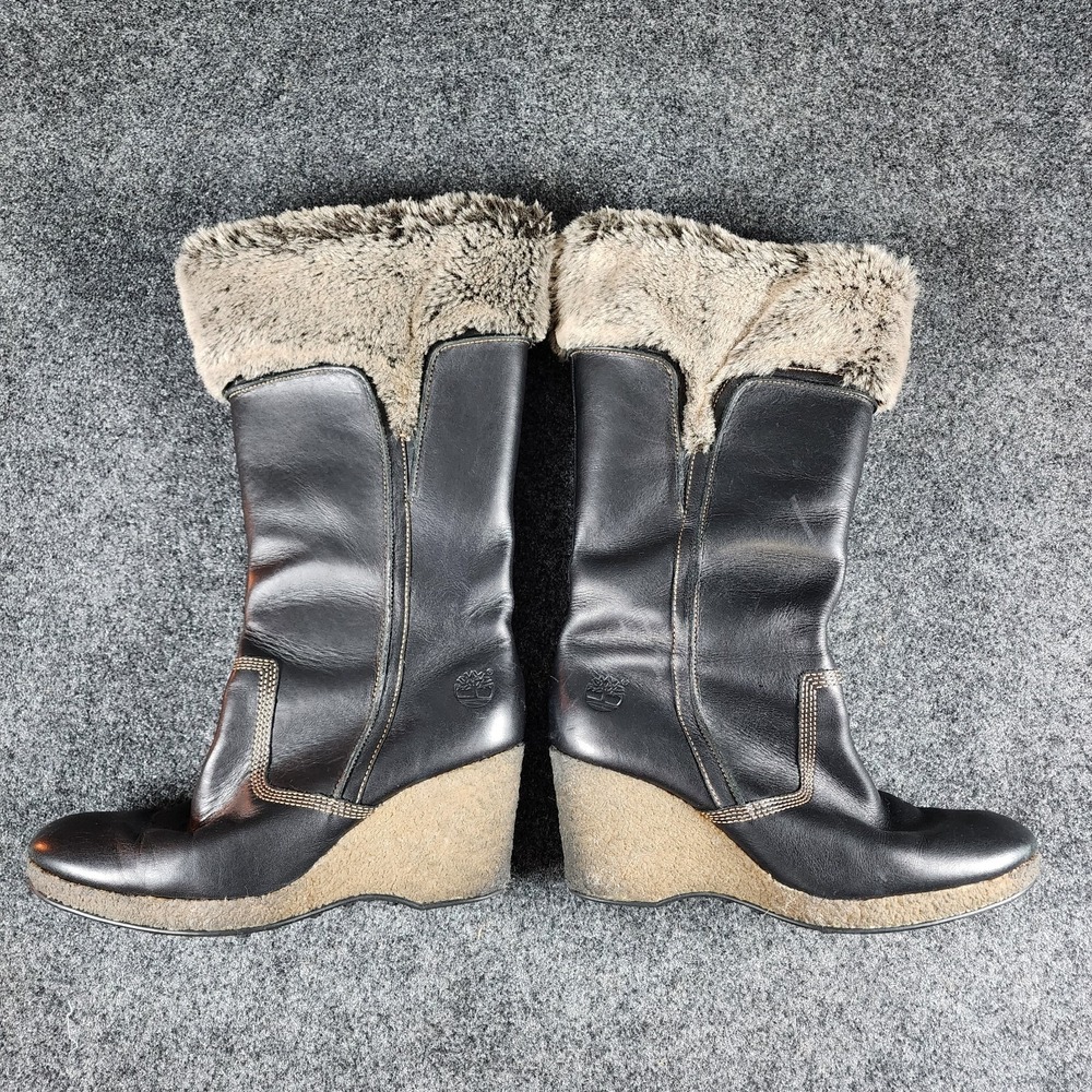 Timberland Monogram Tall Boots Faux Fur Lined Black Leather Size 7.5 Wedge Heel